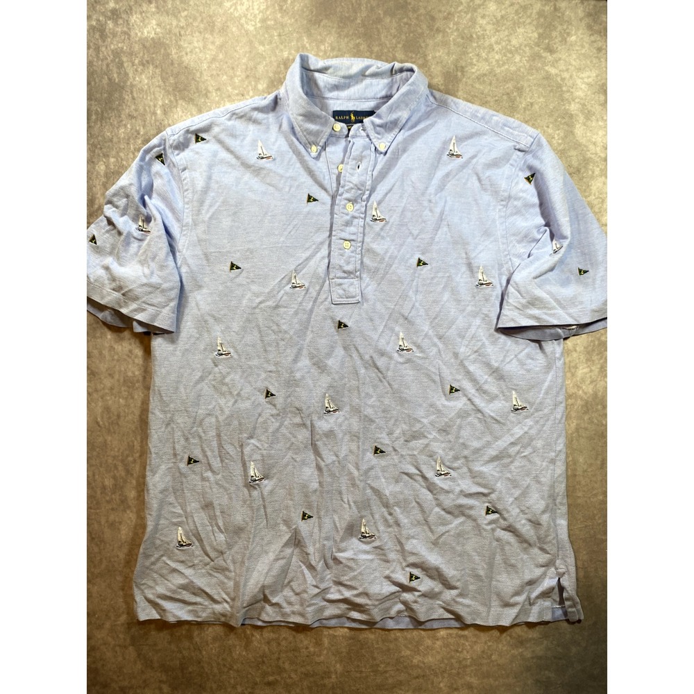 Polo Ralph Lauren Shirt Mens XLT Blue Knit Oxford Sail Boat All Over Print